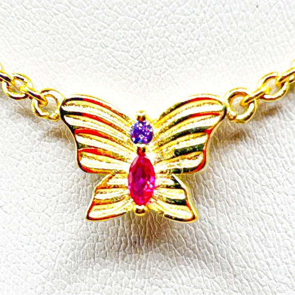 NWOT Sterling silver 14k gold plated butterfly necklace with red stone 16”-18” - Picture 8 of 12